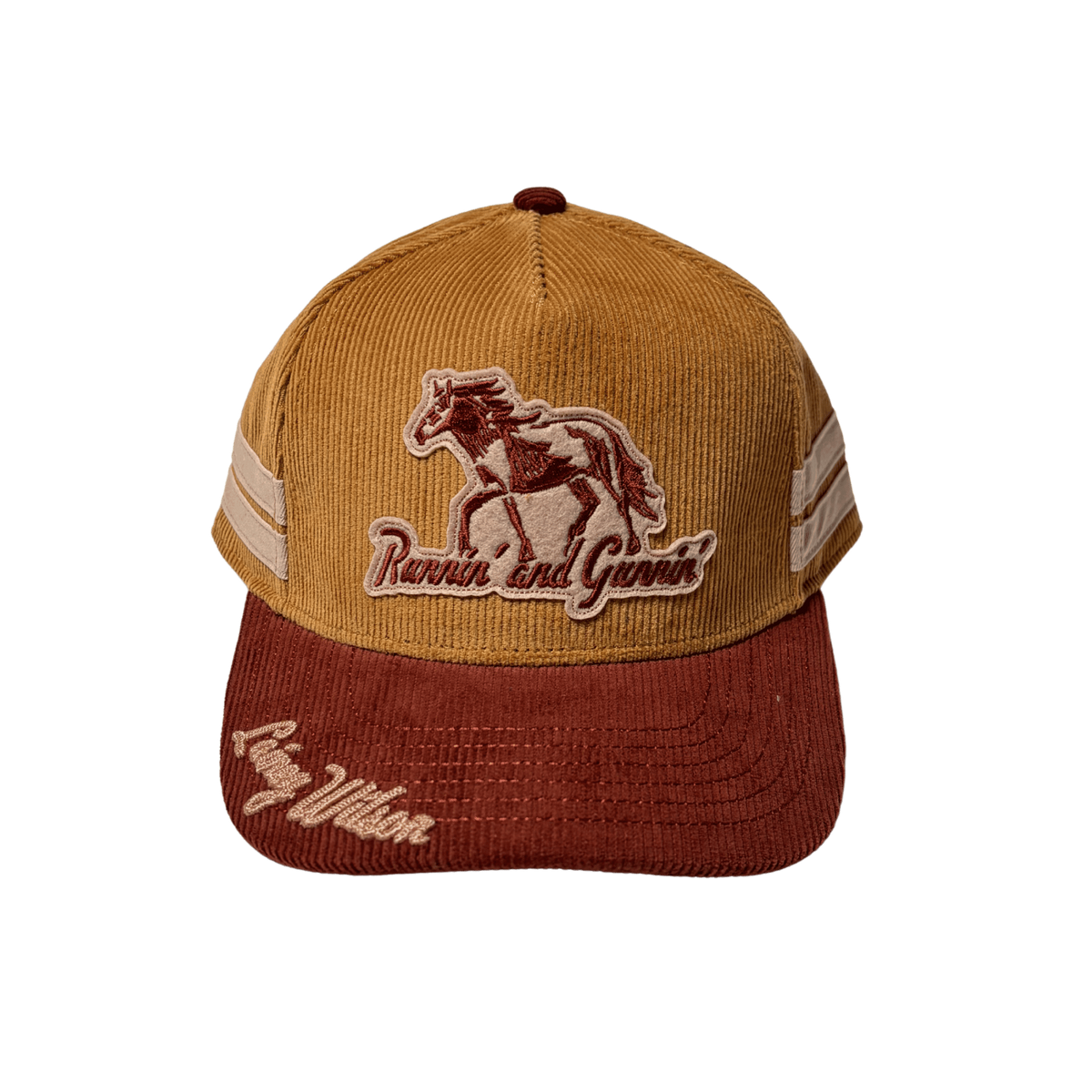 Tan corduroy baseball cap with brown horse patch and runnin and goin embroidery from official lainey wilson uk merch